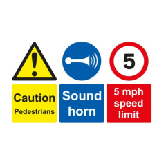 Site Safety Board - Caution Pedestrians/Sound Horn/5 mph Speed Limit - 297x420mm A3 - 3mm Correx