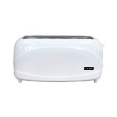 4 slice cool touch toaster white body front view showing long slot and Tolbec branding | CMT Group UK