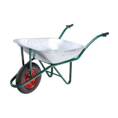 Heavy duty galvanised 90 litre wheelbarrow silver pan green frame front three-quarter view | CMT Group UK
