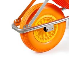 TufX replacement pneumatic wheelbarrow wheel orange tyre yellow plastic hub front view | CMT Group UK