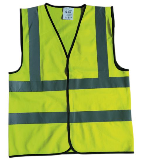 Yellow Hi-Vis Vest – Hook & Loop Fastening front view with reflective strips | CMT Group