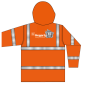 H440 Hi Vis Rain Jacket Orange - Printed Hegarty Building Contractors 100 Years on FLB & Rear