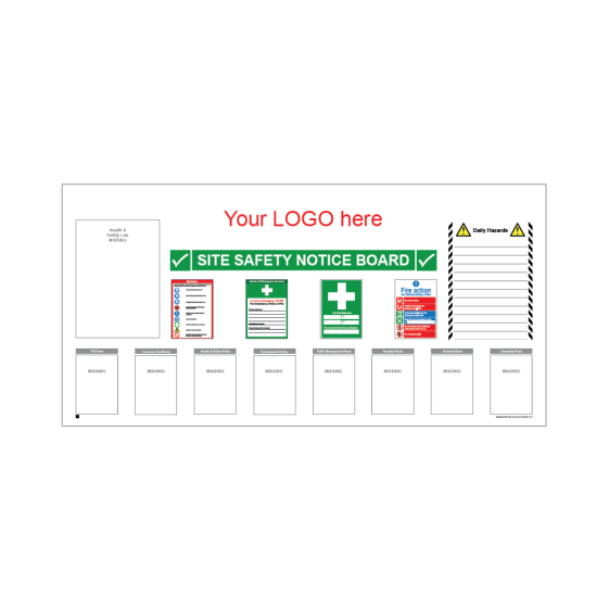 Site Safety Notice Board - 5mm FoamEx - 2440x1220mm c/w A4 Sticky Wallets & A3 Health & Safety Law Poster