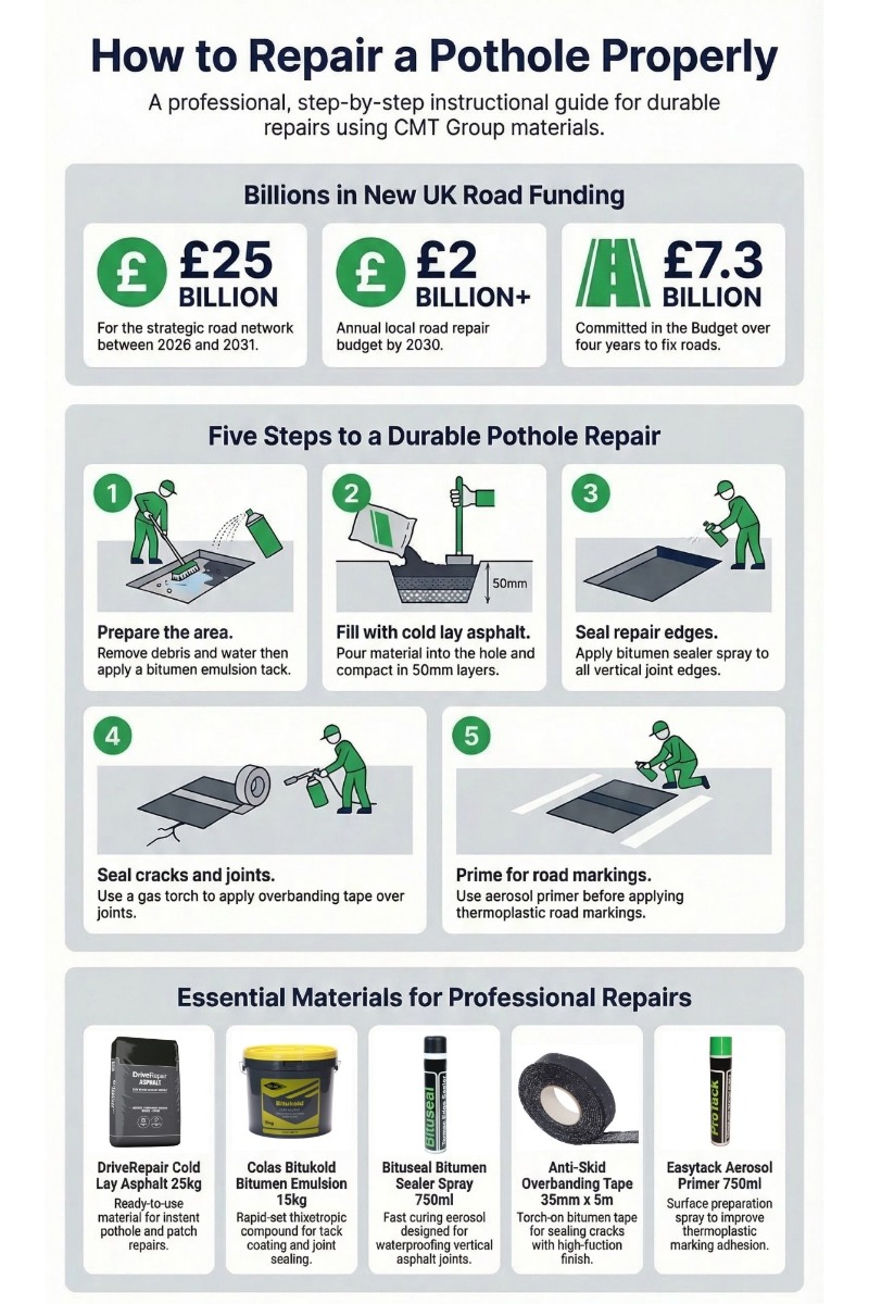 How to Repair a Pothole Properly: five-step infographic showing preparation, filling, edge sealing, crack treatment and road marking priming